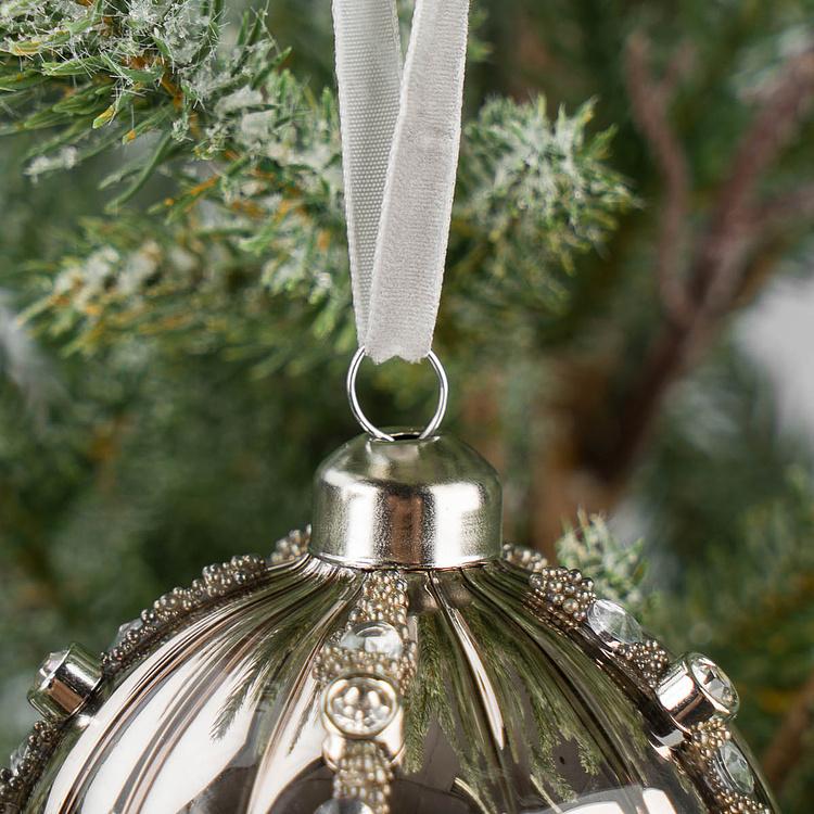 Ёлочная игрушка Серебристый стеклянный шар со стразами Ball With Rhinestones Silver 8 cm