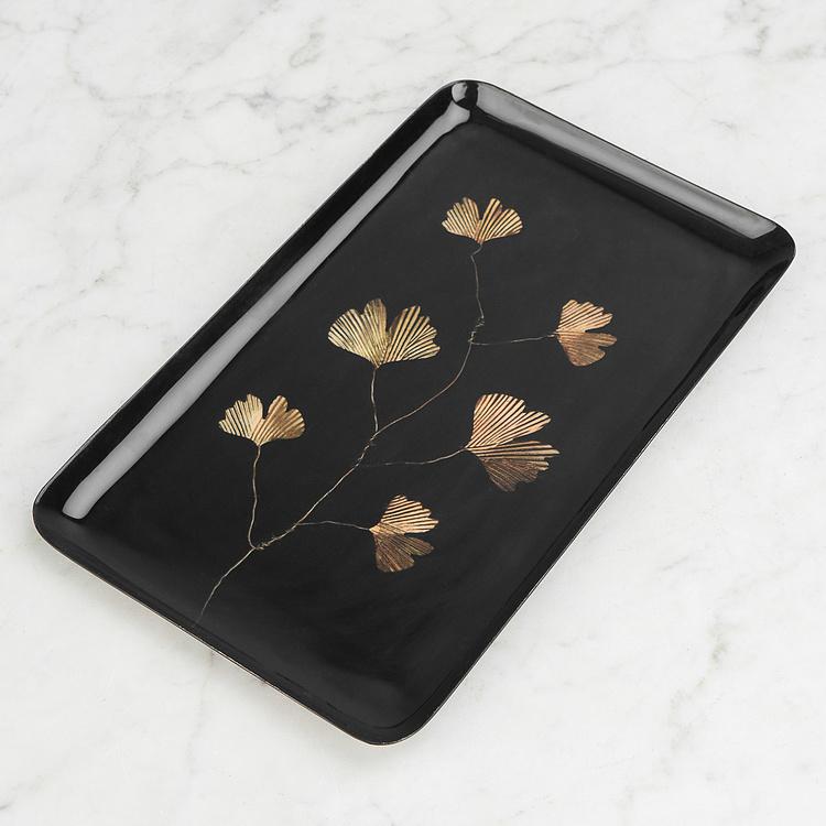 Железный поднос с узором Гинкго чёрно-золотистого цвета Ginkgo Black And Gold Trinket Tray
