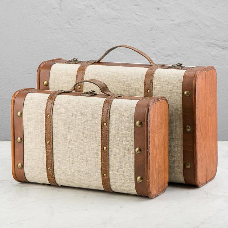 Набор из двух бежевых декоративных чемоданов Set Of 2 Wood Fabric Suitcase Boxes Cream