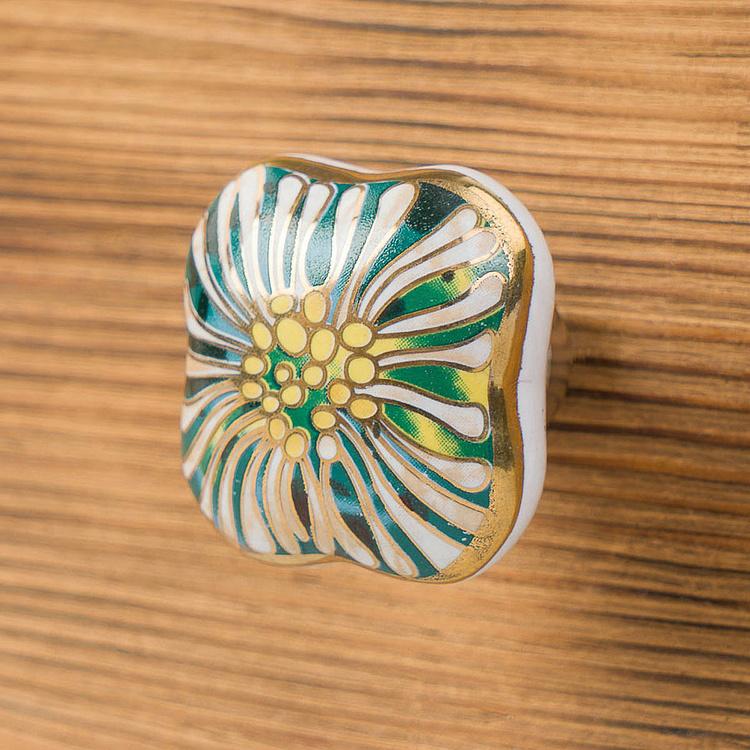 Мебельная керамическая ручка Ар-деко зелёно-золотая с герберой Art Deco Green And Gold Gerbera Ceramic Knob
