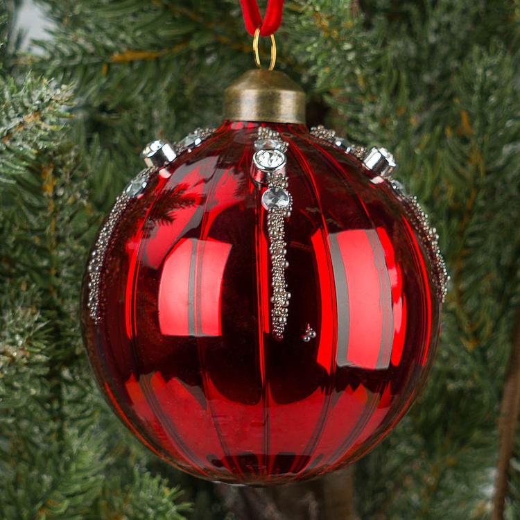 Ёлочная игрушка Красный шар со стразами Ball With Rhinestones Red 8 cm