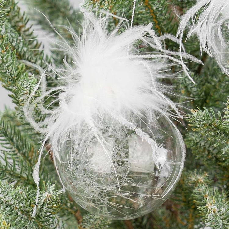 Набор из трёх прозрачных ёлочных игрушек с перьями сверху Set Of 3 Glass Plume Top Thread Ball Clear 8 cm