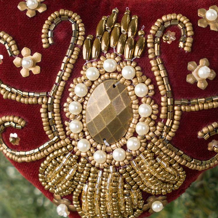 Ёлочная игрушка Красное бархатное сердце с золотистым орнаментом из бисера Bead Ornament Velvet Heart Red 10 cm