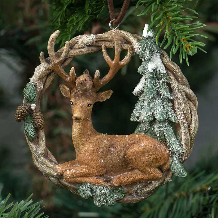 Набор из трёх ёлочных игрушек Олени и лиса в венке Set Of 3 Deers And Fox In Wreath 10 cm