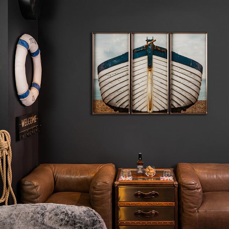 Фото-принт триптих в серебристой раме Сине-белая лодка Set Of 3 Blue And White Boat, Pewter Frame