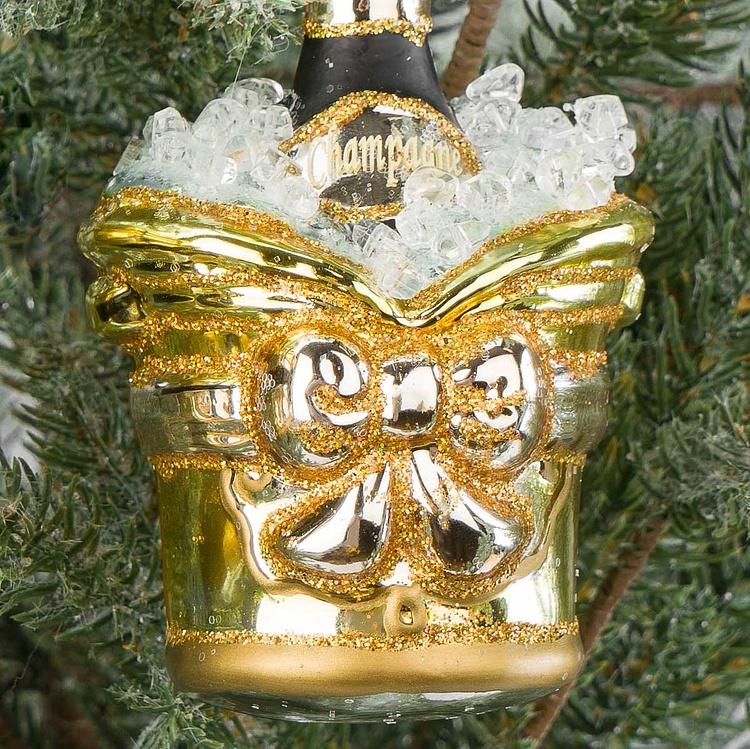 Набор из двух ёлочных игрушек Бутылки шампанского в вёдрах для льда Set Of 2 Glass Champagne Bottles In Buckets Gold 13 cm