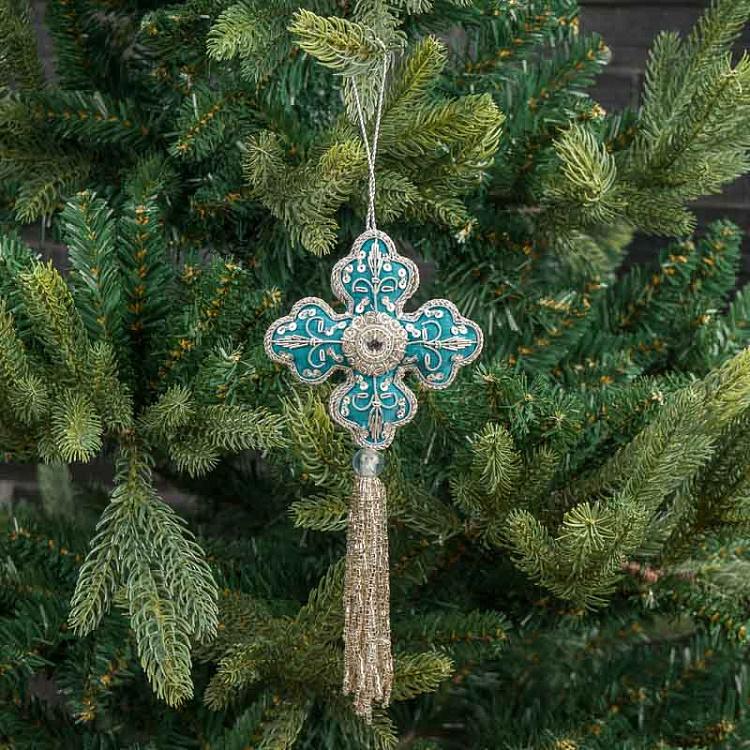 Бирюзовая новогодняя подвеска с бисером Pendant Cross With Beads Turquoise 22 cm