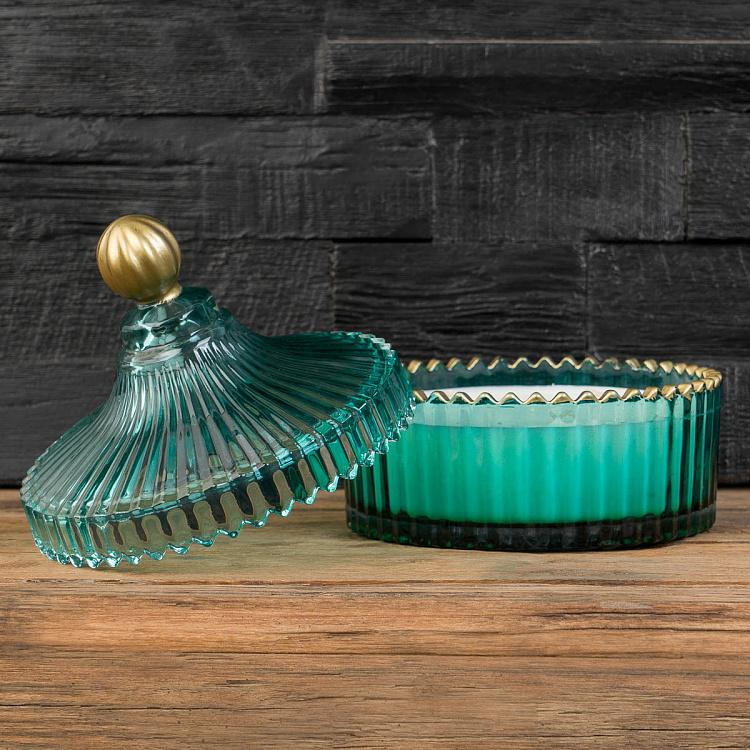 Аромасвеча в мятном рифлёном стакане Белый жасмин, L Aroma Candle In Mint Striped Glass White Jasmine Large