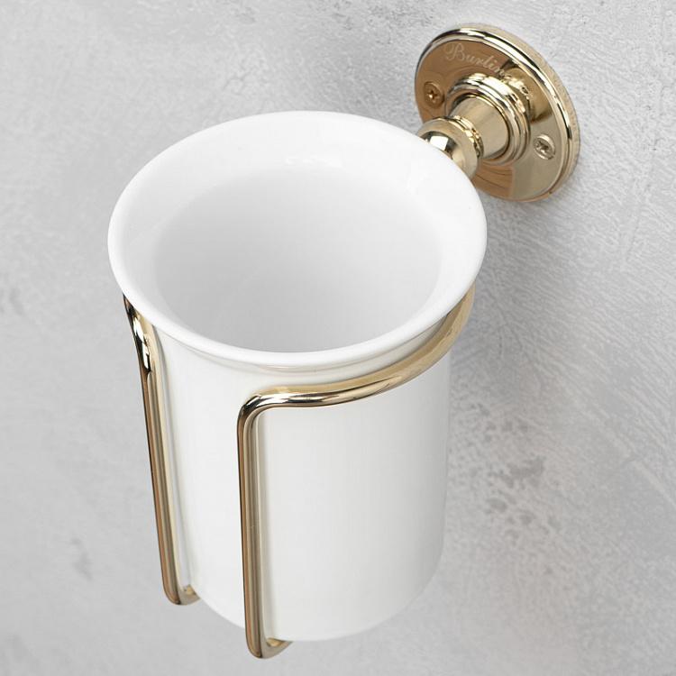 Настенный белый держатель с ёршиком в подставке золотого цвета Brush Holder Gold