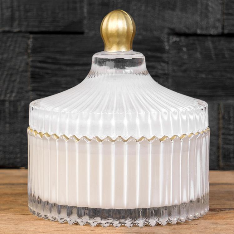 Аромасвеча в белом рифлёном стакане Шёлковый цветок, S Aroma Candle In White Striped Glass Silk Flower Small