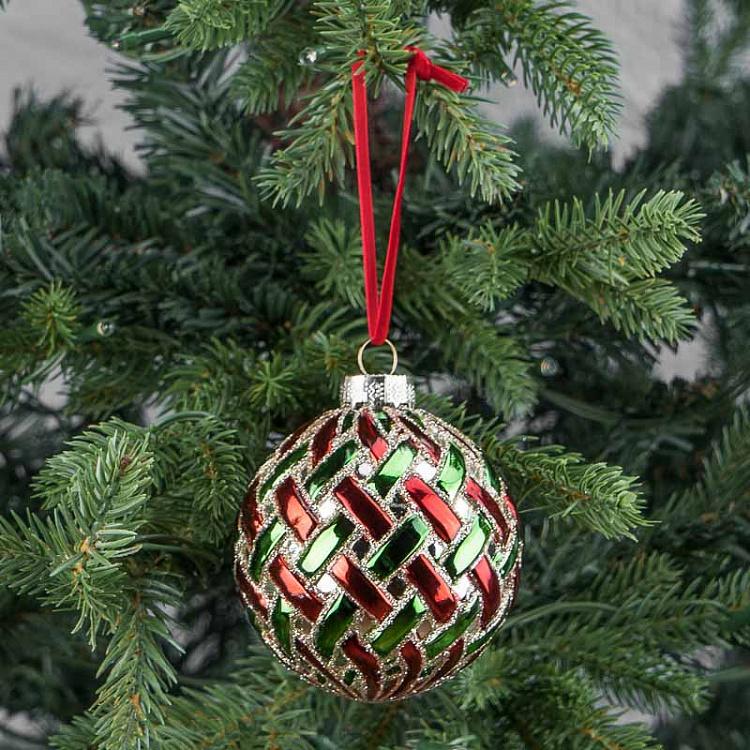Ёлочная игрушка Красно-зелёный шар с плетёным узором Braided Ball Red Green 8 cm