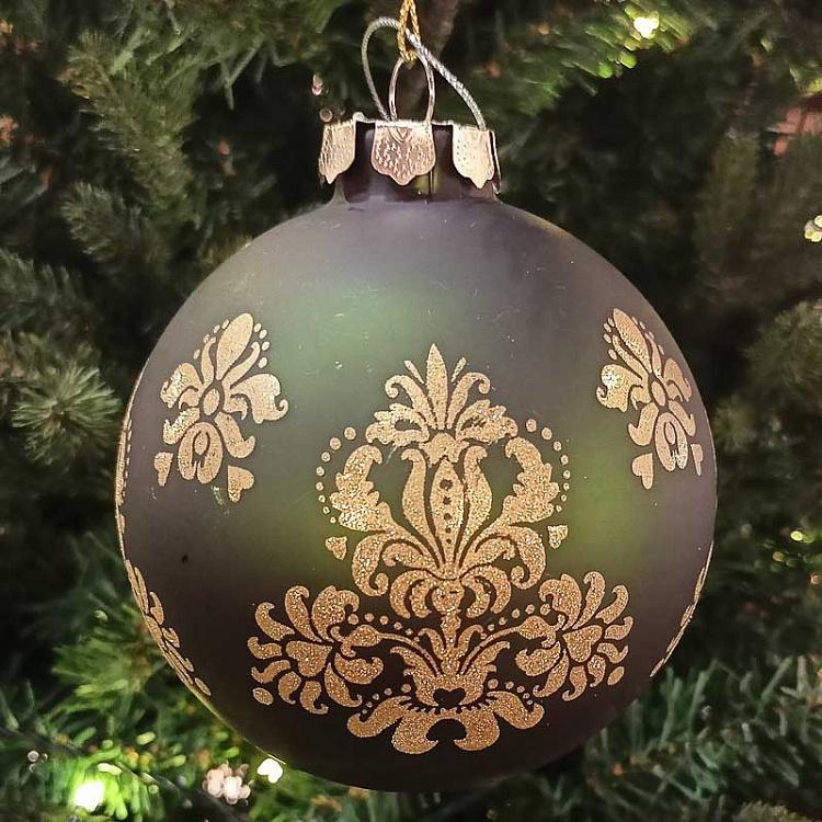 Зелёный ёлочный шар с золотым узором дисконт1 Glass Matte Glitter Brocade Ball Green 10 cm discount1