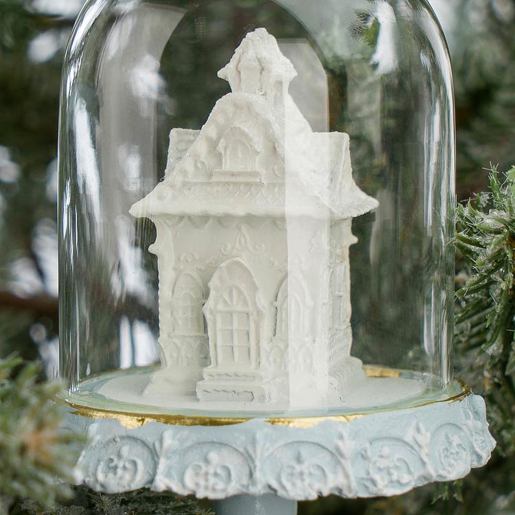 Набор из трёх ёлочных игрушек Пряничные домики под куполом Set Of 3 Gingerbread Houses In Dome Blue White 11,5 cm