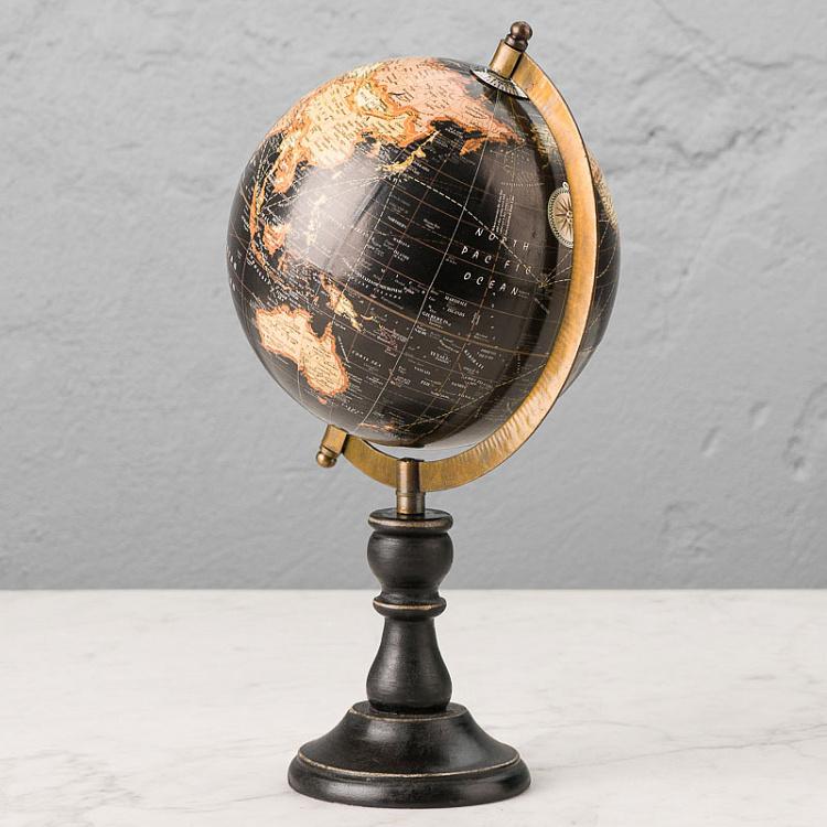 Винтажный чёрный глобус на деревянном основании Vintage Globe Black On Black Base Mango Wood