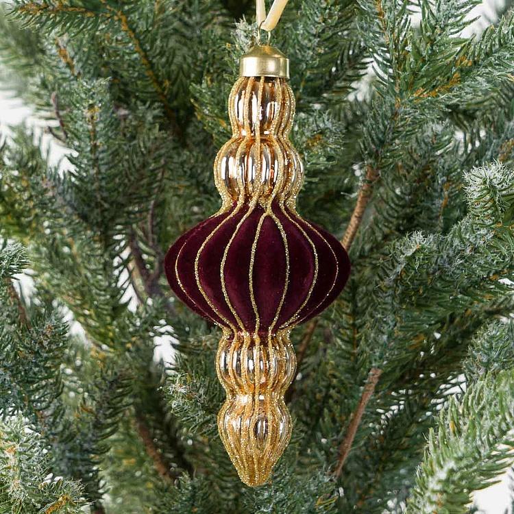 Новогодняя подвеска Золотистая с бордовым бархатом Gold Pendant With Burgundy Velvet 15 cm