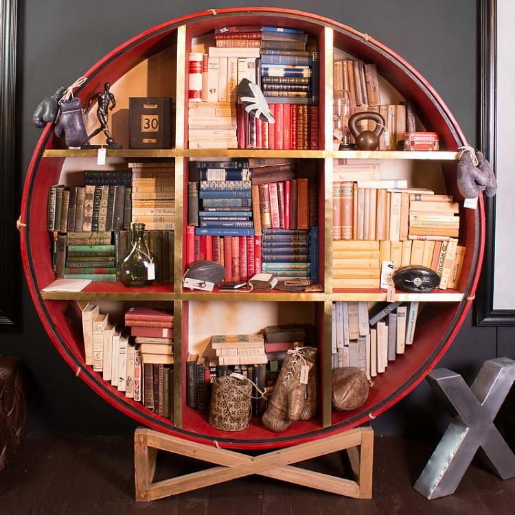 Деревянный стеллаж в виде барабана с латунным обрамлением на подставке, L Regiment Brass Drum Bookcase Large With Stand