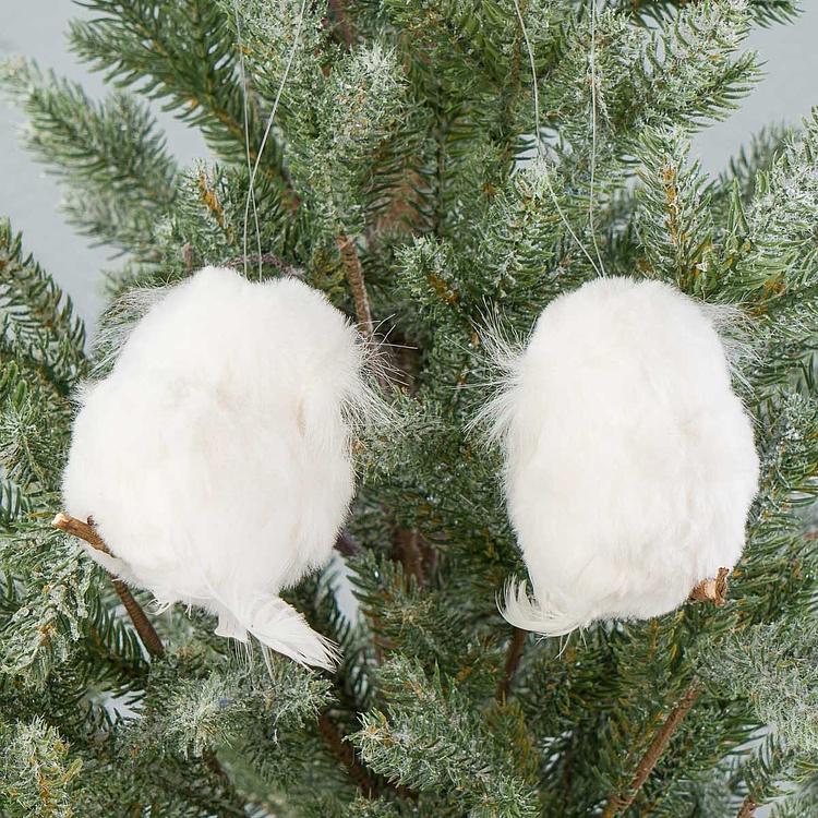 Набор из двух ёлочных игрушек Белые пушистые совы Set Of 2 Furry Owls White 11 cm