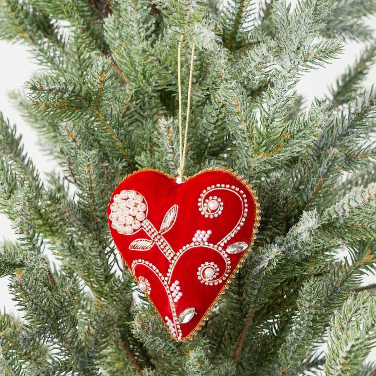 Ёлочная игрушка Бархатное красное сердце с цветочным узором Beads Pattern Velvet Heart Red 12 cm