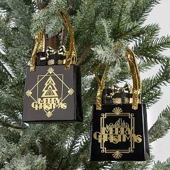 Set Of 2 Glass Xmas Art Shopping Bags Black 10 cm