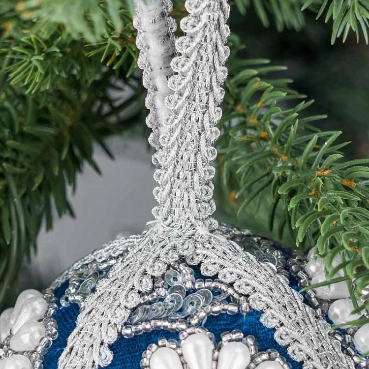 Ёлочный шар Бархатный с пайетками и стразами Silver Sequin Pattern Velvet Ball Blue 10 cm