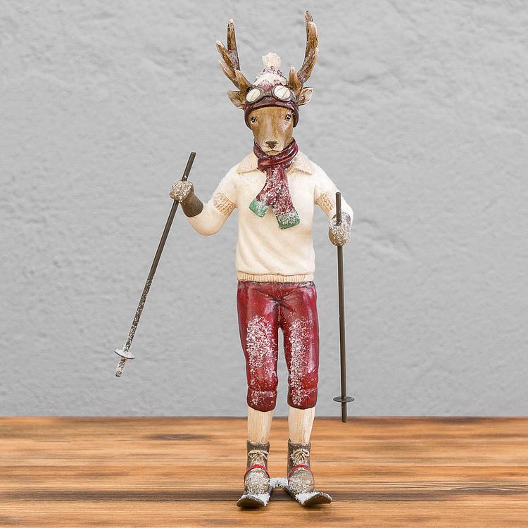 Новогодняя фигурка Олень на лыжах Skiing Deer Cream Burgundy 28,5 cm