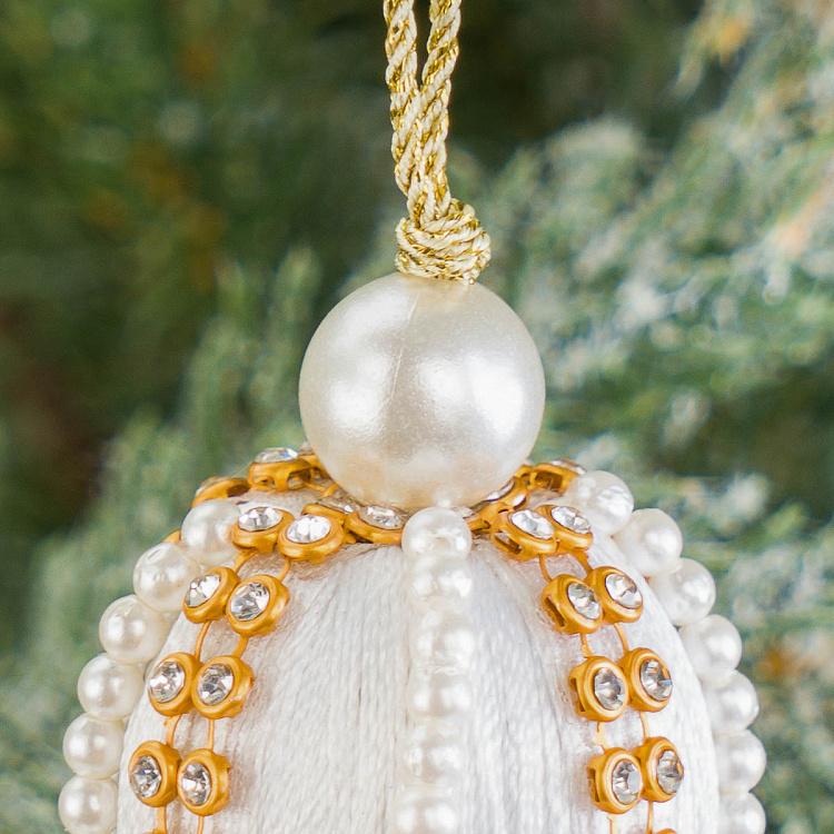 Новогодняя подвеска Белая кисточка с шариком и жемчужинами Pearls Ball Pendant With White Tassel 16 cm