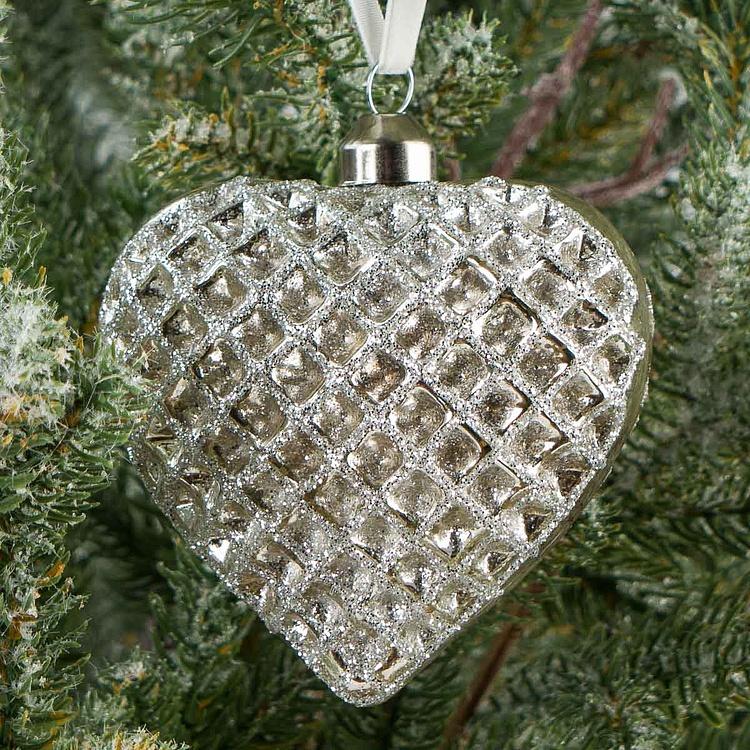 Ёлочная игрушка Серебристое рельефное сердце Relief Heart Shaped Ball Silver 9 cm