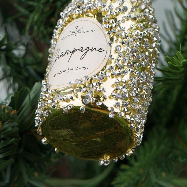 Ёлочная игрушка с бисером Бутылка шампанского Glass Beaded Champagne Bottle Gold 12,5 cm
