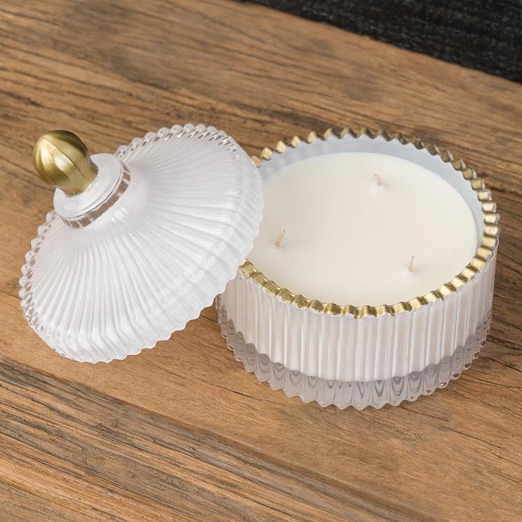 Аромасвеча в белом рифлёном стакане Шёлковый цветок, S Aroma Candle In White Striped Glass Silk Flower Small