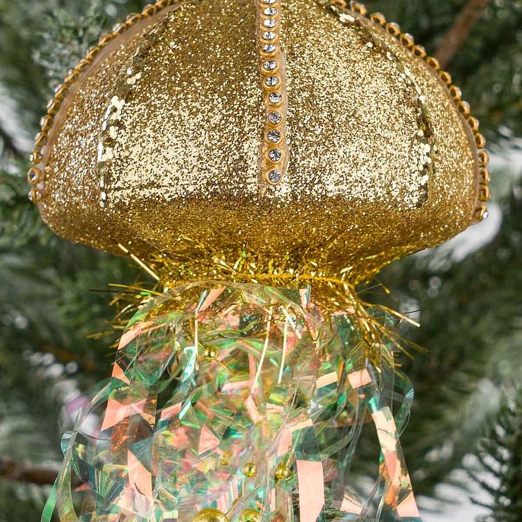 Набор из двух ёлочных игрушек с мишурой Медузы Set Of 2 Tinsel Iron Jellyfish Gold Champagne 19 cm