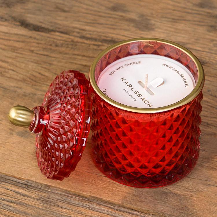 Аромасвеча в красном фасетном стакане Фиолетоволистная роза, S Aroma Candle In Red Faceted Glass Berry Rose Small
