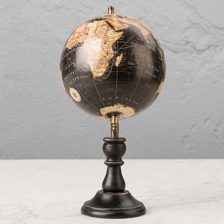 Винтажный чёрный глобус на деревянном основании Vintage Globe Black On Black Base Mango Wood