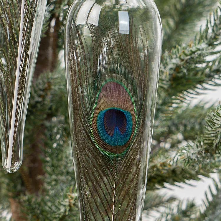 Набор из трёх ёлочных игрушек с пером павлина внутри Set Of 3 Glass Peacock Plume Icicle Drop 30 cm