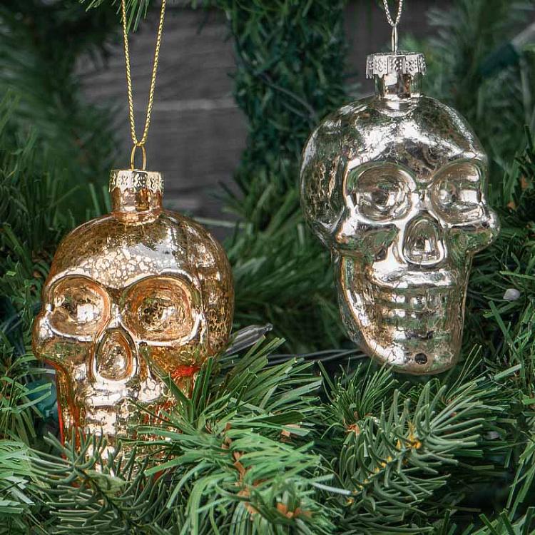 Набор из двух ёлочных игрушек Черепа цвета винтажного золота и шампань Set Of 2 Glass Antic Skull Gold/Champagne 9 cm