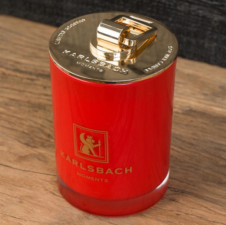 Аромасвеча в красном стакане с золотой крышкой Цветы апельсина Aroma Candle In Red Glass With Gold Lid Orange Blossoms