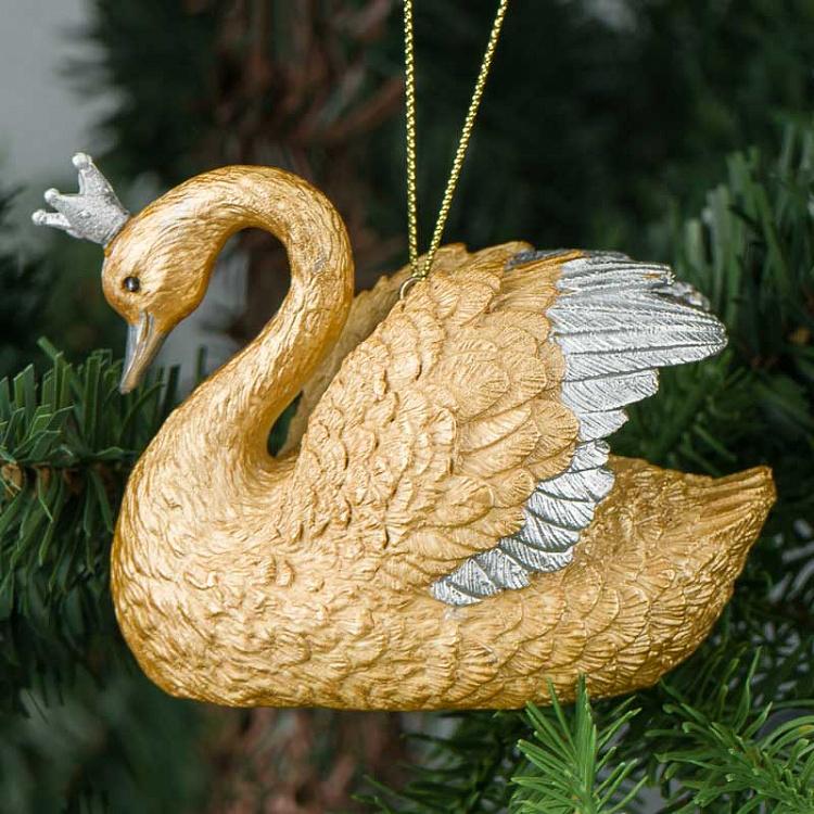 Ёлочная игрушка Лебедь с короной Metall Swan With Crown Champagne 9,5 cm
