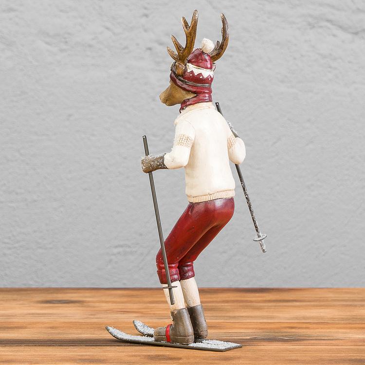 Новогодняя фигурка Олень на лыжах Skiing Deer Cream Burgundy 28,5 cm