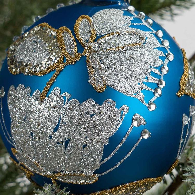 Набор из двух синих ёлочных шаров с серебряными цветами Set Of 2 Glass Sequence Flower Ball Blue Silver 10 cm