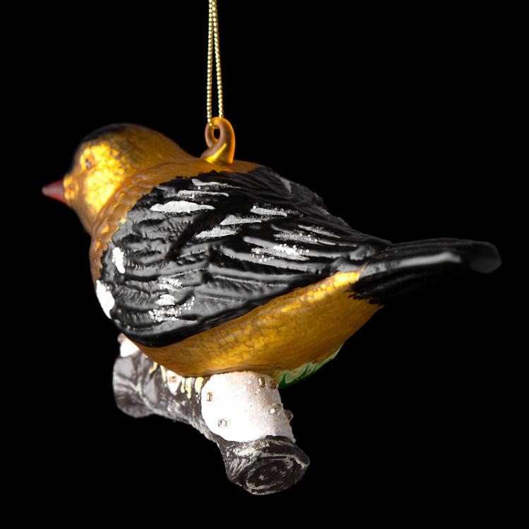 Ёлочная игрушка Птичка на ветке Glass Bird On Twig Yellow Black 12,5 cm