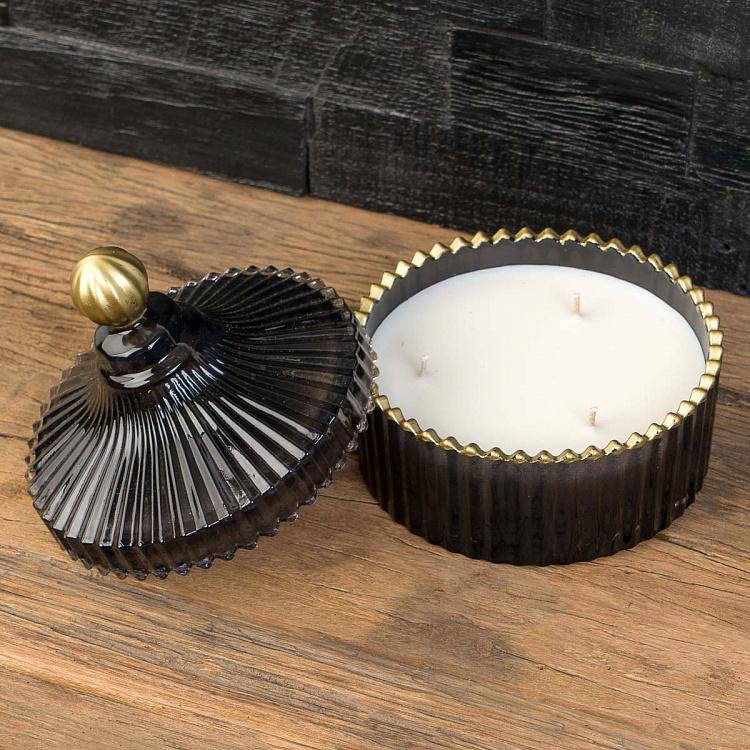 Аромасвеча в чёрном рифлёном стакане Блу Колье Дрифтвуд, L Aroma Candle In Black Striped Glass Blue Collier Driftwood Large