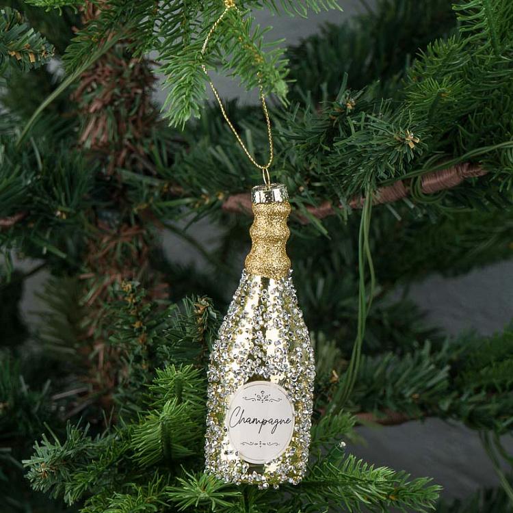 Ёлочная игрушка с бисером Бутылка шампанского Glass Beaded Champagne Bottle Gold 12,5 cm