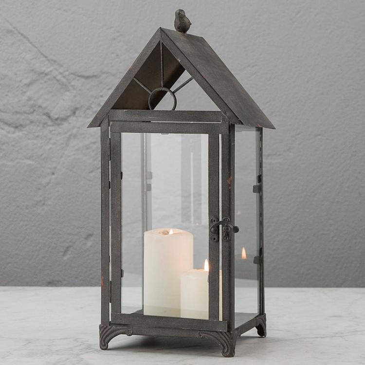 Подсвечник Скворечник с птицей Aged Gray Metal Lantern House Shape