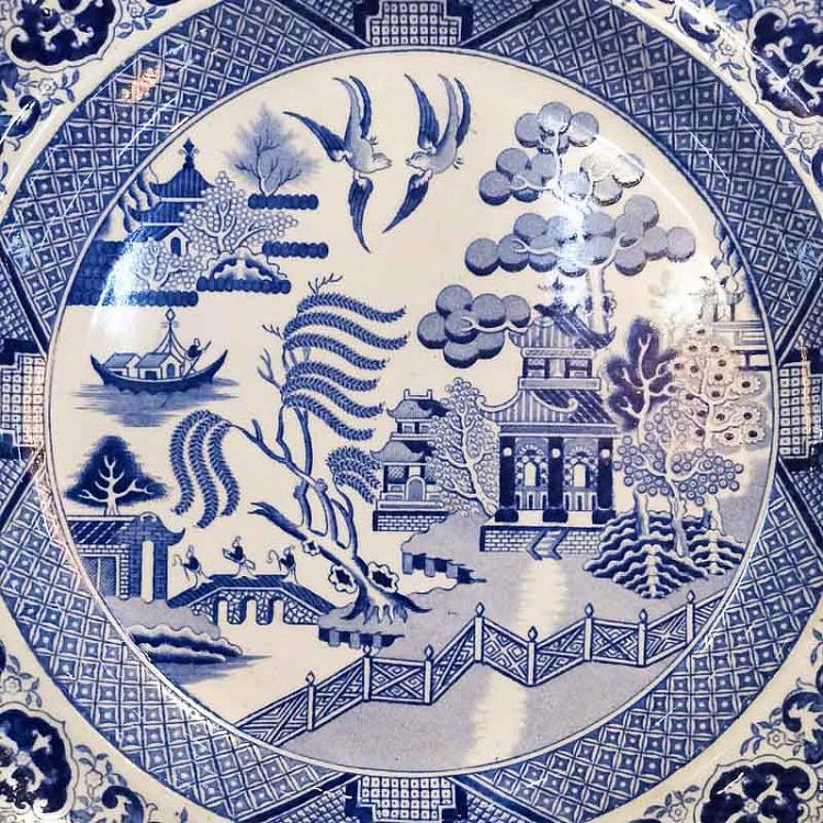 Винтажная тарелка белая с голубым мотивом 23, L Vintage Plate Blue White Large 23