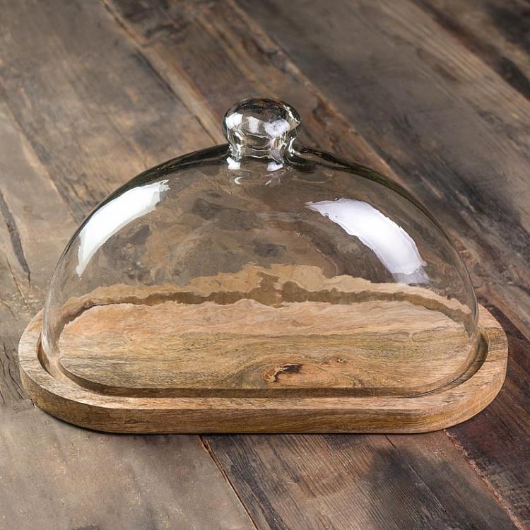 Деревянная доска со стеклянным колпаком Oval Wooden Cake Plate With Cover