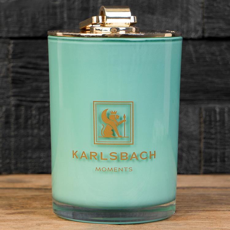 Аромасвеча в мятно-голубом стакане с золотой крышкой Огурец Aroma Candle In Mint Blue Glass With Gold Lid Cucumber