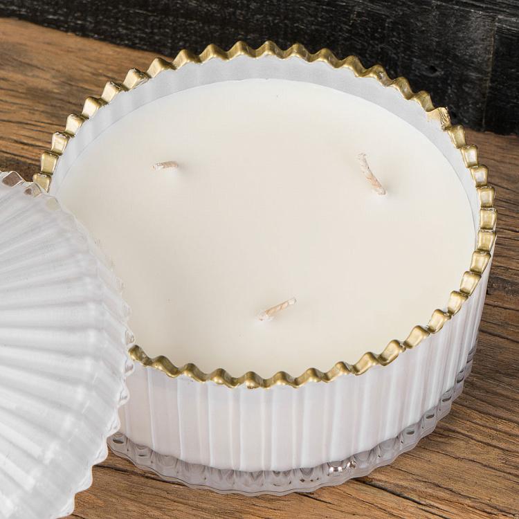 Аромасвеча в белом рифлёном стакане Шёлковый цветок, L Aroma Candle In White Striped Glass Silk Flower Large