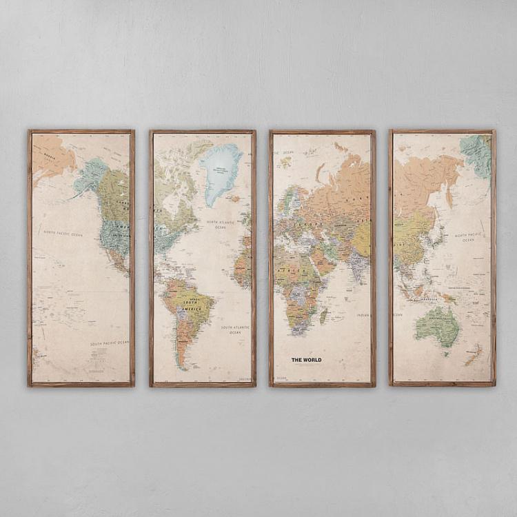 Винтажная картина-принт из четырёх частей Карта мира Set Of 4 Panels Wood Vintage Worldmap
