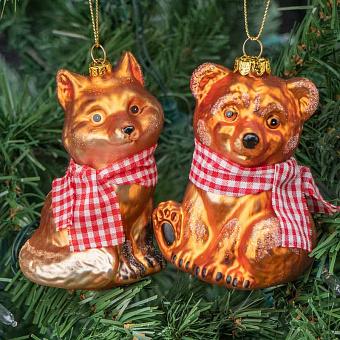 Set Of 2 Glass Tartan Scarf Bear And Fox Brown 10 cm