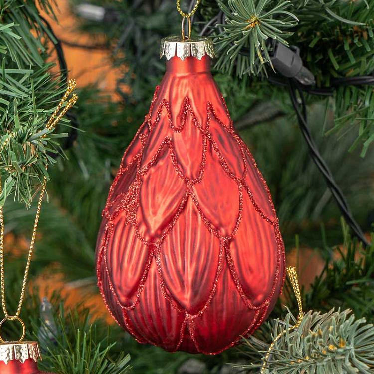 Набор из трёх красных ёлочных шаров Лепестки с блёстками Set Of 3 Glass Glitter 3D Petal Balls Red 8 cm