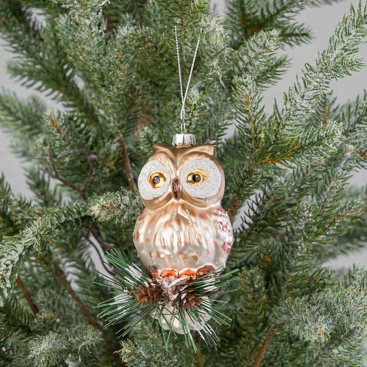 Стеклянная ёлочная игрушка Сова на ветке Glass Owl On Pine Brown Cream Green 12 cm